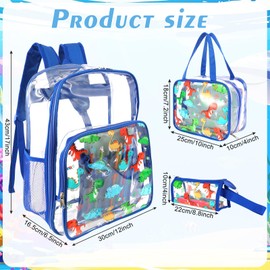 Kolewo4ever 3 Pieces Clear School Backpack Set Back to School Gift Blue Dinosaur Transparent Backpack with Lunch Bag and Pencil Pouch for Girl Boy Kid Heavy Duty Bookbags Middle School Travel Pack