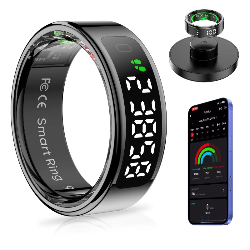AMOVAN Smart Ring with LED Display Screen Health Tracker and