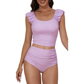 Eomenie Tankini Swimsuits for Women Ruched Tummy Control Bathing Suit Two Piece Swim Tank Top with High Waisted Bottom Light Purple
