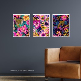 Artery8 Set of 3 Vibrant Flower Leopard Floral Jungle Living Room 12X16 Inch Wall Art Prints Pack