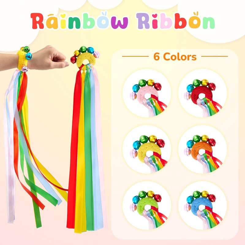 12 Pcs Rainbow Dance Ribbons for Kids with Bells Elastic