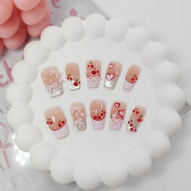 Medium Square Press on Nails Cat Eye Handmade False Nails with Designs, French Tip Short Coffin Reusable Fake Nails (Bowknot Cherry#Small)