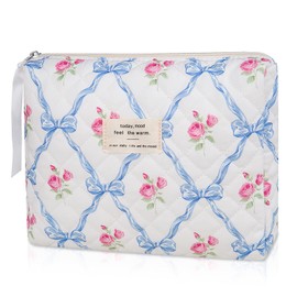 Makeup Bag Quilted Makeup Bags, Floral Cosmetic Bag for Women, Cute Cotton Makeup Bag, Flower Travel Toiletry Organizer Bag (Blue Flower)