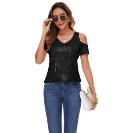 BILIKE JOMEX Womens Sparkly Sequin Top V Neck Cold Shoulder Glitter Short Sleeve Dressy Party Blouse Shirts Black XL