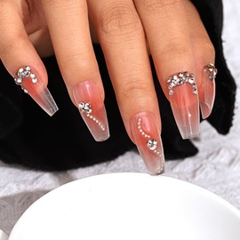 Sethexy Long Coffin Pink False Nails Handmade Rhinestone Blushing Gradient False Nails 3D Crystal Chain Nails Press On Acrylic Nail Art Salon Quality for Women and Girls