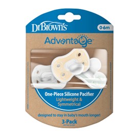 Dr. Brown's Advantage One-Piece Silicone Baby Pacifier, Fully Symmetrical Soother, Ecru/Gray/Green, 0-6m, BPA Free, 3 Pack