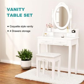 BNSPLY Vintage Vanity Desk for Girls, Coquette Vanity Table with Mirror and Cushioned Stool, Girls Vanity Set Dressing Table with 4 Drawers, Small White Vanity and Silver Stool