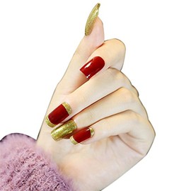 24 Pcs False Nails with Glue Design Acrylic Press On Nails for Women French Tips Sticker Glitter Artificial Fake Fingernail Tips Stick On Nails