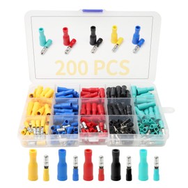 200 PCS Bullet Connectors, Terminals Crimp Assortment Ring Butt Terminals, Insulated Crimp Terminals Electrical Wire Cable Connectors(Red, Yellow, Blue, Green, Black, 5 Different Sizes)