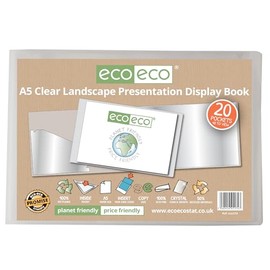 eco-eco A5 50% Recycled 20 Pocket Clear Landscape Presentation Display Book, Storage Case Portfolio Art Folder with Plastic Sleeves, eco174