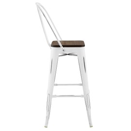 Modway Promenade Industrial Modern Steel Bistro Bar Stool with Bamboo Seat in White, Metal Side