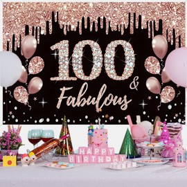 Tecreo 100th Birthday Decorations, Black and Rose Gold, Party Decoration, Fabric Sign, Hanging Poster, Backdrop Banner, Welcome Sign, Vinyl, 150 cm x 90 cm, 4 Copper Eyelets