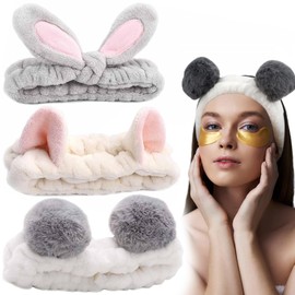 Wzenclave 3 Pack Cute Coral Fleece Elastic Face Wash Headband Bunny Ear Headband Cat Ear Hair Bands Bear Ear Head Band for Washing Face Makeup Shower Bath Sport Makeup Removal for Women & Girls