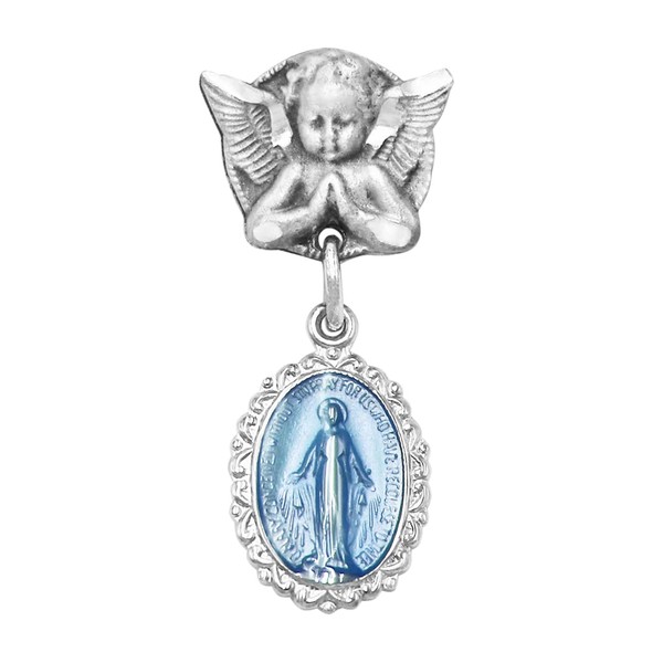 Rosemarie's Religious Gifts Pin de ángel pequeño con plata de ley esmaltada ovalada milagrosa medalla de María, Metal Metal Esmalte, no conocido