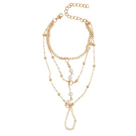 Yienate Fashion Pearl Layered Bracelet Finger Ring Chain Hand Chain Hand Harness Link Pearl Layered Slave Bracelet for Women and Girls