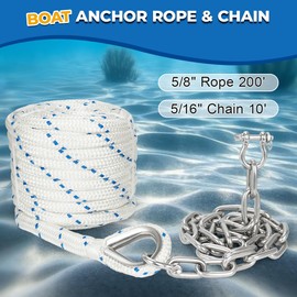 FUCNEN 5/8" Boat Anchor Rope 200 FT with 316 Stainless Steel Anchor Chain 5/16" x 10 FT, 5/16" Bow Shackles and 5/8" Thimble, Anchor Rode for Mooring, Boats Pontoon, Deck, Fishing, Sail