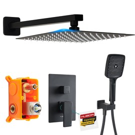 Kuzor 1Pc 304 Stainless Steel Shower Faucet Set, Rain Shower Head with Handheld Spray, Square Shower Head with 3 Setting Handheld Combo and Brass Valve Kit (Matte Black, 12 Inch Rain Shower Head)