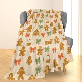 Gingerbread Cookie Blanket, Soft Lightweight Flannel Christmas Holiday Throw Blanket for Couch, Bed, Travel & Decor Gifts, Cozy Warm Fuzzy Festive Houses & Bows Blankets for Girls Women Kids 60×50 in