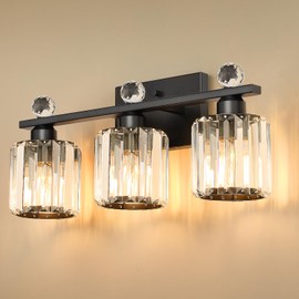 KunruiTAI 3-Light Black Modern K9 Crystal Vanity Lights, Black Bathroom Light Fixtures Stainless Steel Crystal Vanity Light Fixture