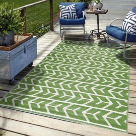 Outdoor Rug - Folded Design - Recycled Plastic Floor Mat for Patio, Camping, Beach, Balcony, Porch, Deck - Weather, Water, Stain, Lightweight, Fade and UV Resistant - Amsterdam- Green & Creme(10'x14')