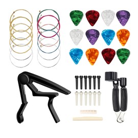 JINWEE Acoustic Guitar Accessories Kit,Guitar Tool Changing Kit Including Acoustic Strings, Picks, Capo, Bridge Pins, Bridge Saddle Nut and 3 in 1 guitar string winder cutter and pin puller.