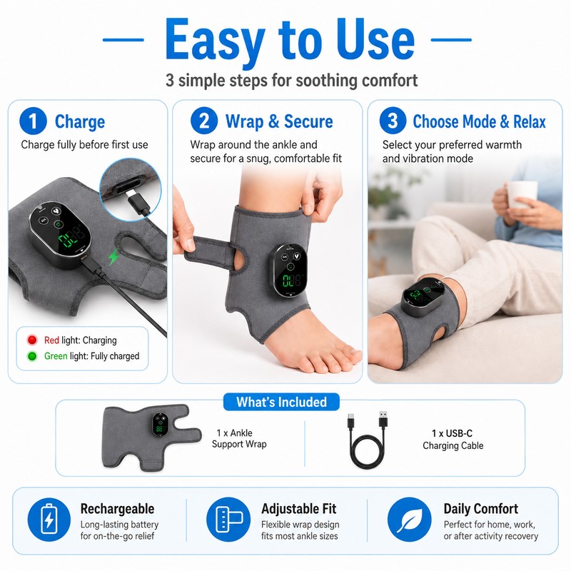 Rechargeable Ankle & Wrist Wrap with Adjustable Warmth and Vibration