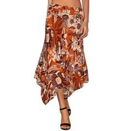 DJT Women's Casual Ruched Waist Handkerchief Hem Flowy Midi Skirt Large Orange Tropical