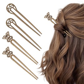NICENEEDED 4 Pcs Metal U Shaped Hairpin, Large French Hair Pins Vintage Hair Sticks Hair Fork Pins, Hair Pins for Buns Long Thick Hair