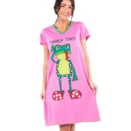 Lazy One Women's Nightgown, Funny V-Neck Sleep Shirt for Women, Frog PJ Shirt (Toadally Tired, S/M)