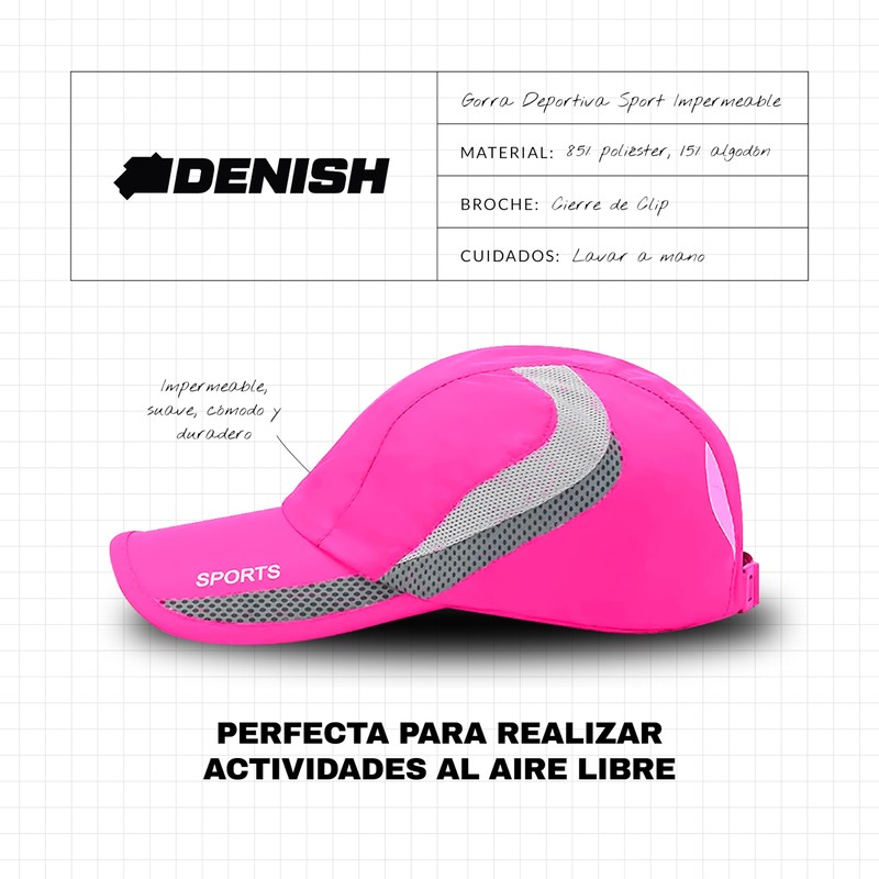 DENISH Gorra Deportiva Sport Impermeable. Cachucha con Broche Ajustable para