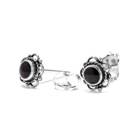 WINDALF Bohemia Siana Stud Earrings Diameter 7 mm Black Onyx Medieval Ornament Vintage 925 Sterling Silver, Silver, Onyx