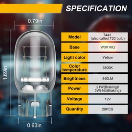 Meonum 20 Pcs 7443 Bulb, Brake Light Bulb for Daytime Running(DRL), T20 Automotive Reverse/Strobe Brake/Tail/Backup/Parking/Tail Light/Turn Signal Replacement for Cars, Trucks, SUVs