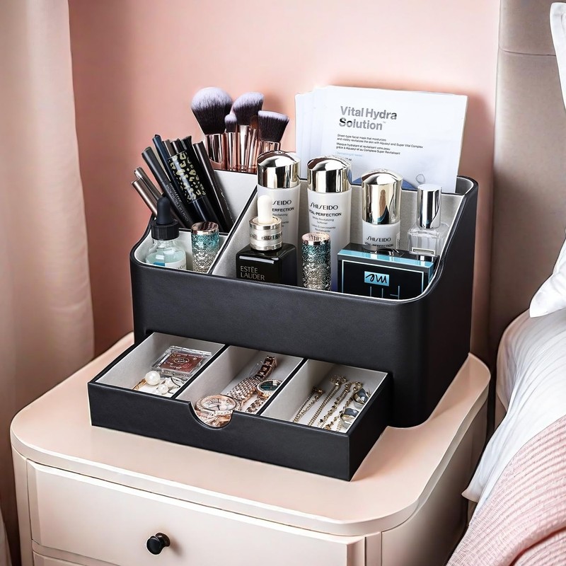 KINGFOM Leather Makeup Organizer with Drawer, Cosmetic Storage for Dresser