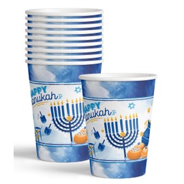 Tazas de Hanukkah – 9 oz – Paquete de 10 – Artículos de papel Hanukkah – Suministros de fiesta temáticos de Janucá azul y blanco