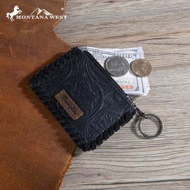 Montana West × Wrangler Coin Purse for Men Women Embossed Leather Coin Pouch Small Wallet with Keychain, Black