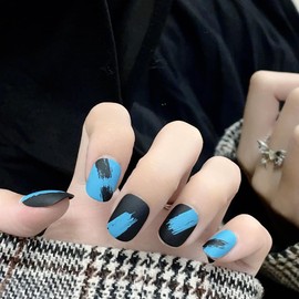 Matte Press on Nails Short Square Fake Nails Black Blue False Nails Stick on Nails Full Cover Acrylic Nails for Women and Girls Reusable Press on False Nails Supplies 24 Pcs