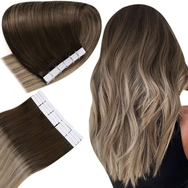 Easyouth Tape-In Real Hair Extensions Double Side Remy Tape-On Hair Colour Dark Brown Mix Medium Brown and Ash Blonde 40 g 18 Inch Tape in Remy Real Hair Extensions