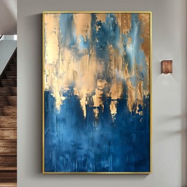 Blue Gold Abstract Canvas Wall Art Gold Foil Artwork Blue Grey Wall Art Blue Gold And Gray Pictures Navy Blue And Gold Abstract Painting Blue And Gold Pictures Modern Room Decor 16x24inch No Frame