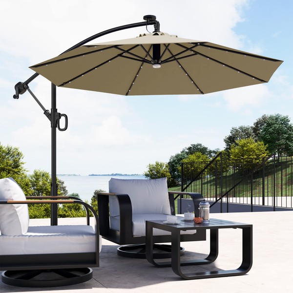 EAST OAK Patio Umbrella, 10 ft Outdoor Offset Umbrella with 8 Ribs, 40 LED Solar Lights and Crank, Aluminum Pole and UPF 50+ Fade Resistant for Garden, Deck and Poolside, Tan