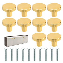 NGUIT 10Pcs Gold Cabinet Knobs Round Brass Single Hole Handles Small Pull Door Knobs with Screws Easy Installation Decorative Hardware for Home Office Drawers, Wardrobes, Cupboards Doors (20mm*25mm)