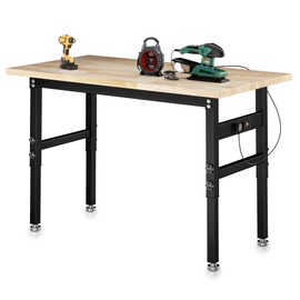 48 * 24" Work Benches for Garage, Adjustable Height Tool Bench 2200 LBS Load Capacity Rubber Wood Top Heavy Duty Table with Power Outlets for Workshop, Office, Home