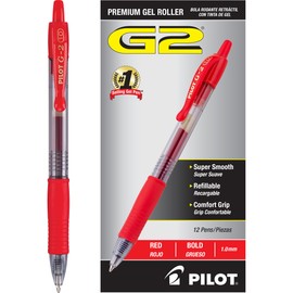Pilot G2 Premium Gel Roller Pens, Bold Point 1 mm, Red Pens, Pack of 12 - Ideal for School, Journaling & Office Writing