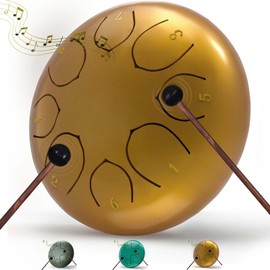 Rain Drum for Outside Garden, 6 Inches 8 Notes Steel Tongue Chakra Drum, Waterproof Rain Chime Meditation Drum, Musical Instruments for Adult Gift with Drum Bag, Music Book, Drum Mallets (Gold)