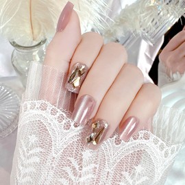 QQPPOLIU Short Square Press on Nails Rhinestones Fake Nails Square Shape False Nails Extra Short Length Terra Pink Acrylic Nails with Cat Eye Designs Medium Coffin Press on Nails Gift for Girls