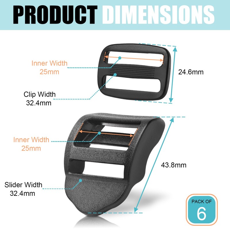 CooBigo 6 Pcs Ladder Slider Buckles+6 Pcs Tri glide Slider