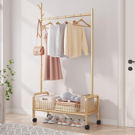 MYUPDALIN Clothes Rack with Shelves, Clothing Rack with Wheels, Multifunctional Hangers with Storage Baskets and Shoe Racks, Ideal for Bedrooms and Living Rooms (Gold, 60cm/23in)