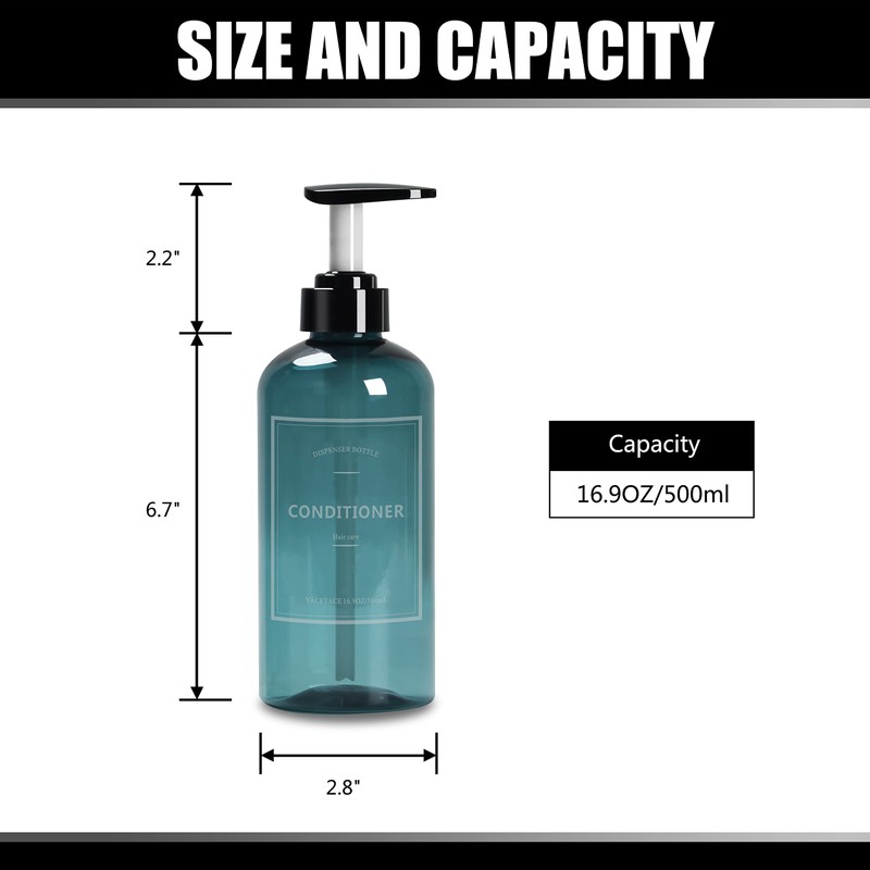 Shampoo Bottles with Pump, YACEYACE 3Pcs 16.9oz Blue Clear Empty