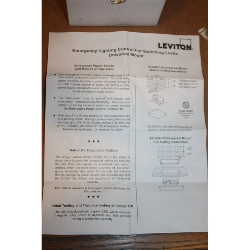 Leviton ECS00-110 Emergency Power Control, Switching Load Transfer, Shunt Relay