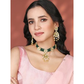 Aheli Green Kundan & Beads Studded Necklace Dangle Earrings Jewellery Set Gift for Women