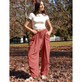 TARSE Women Linen Wide Leg Pants Drawstring Low Waist Beach Travel Vacation Outfits, DustyRose, S